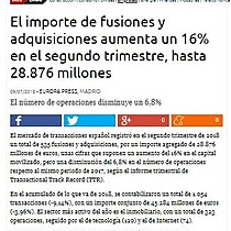 El importe de fusiones y adquisiciones aumenta un 16% en el segundo trimestre, hasta 28.876 millones